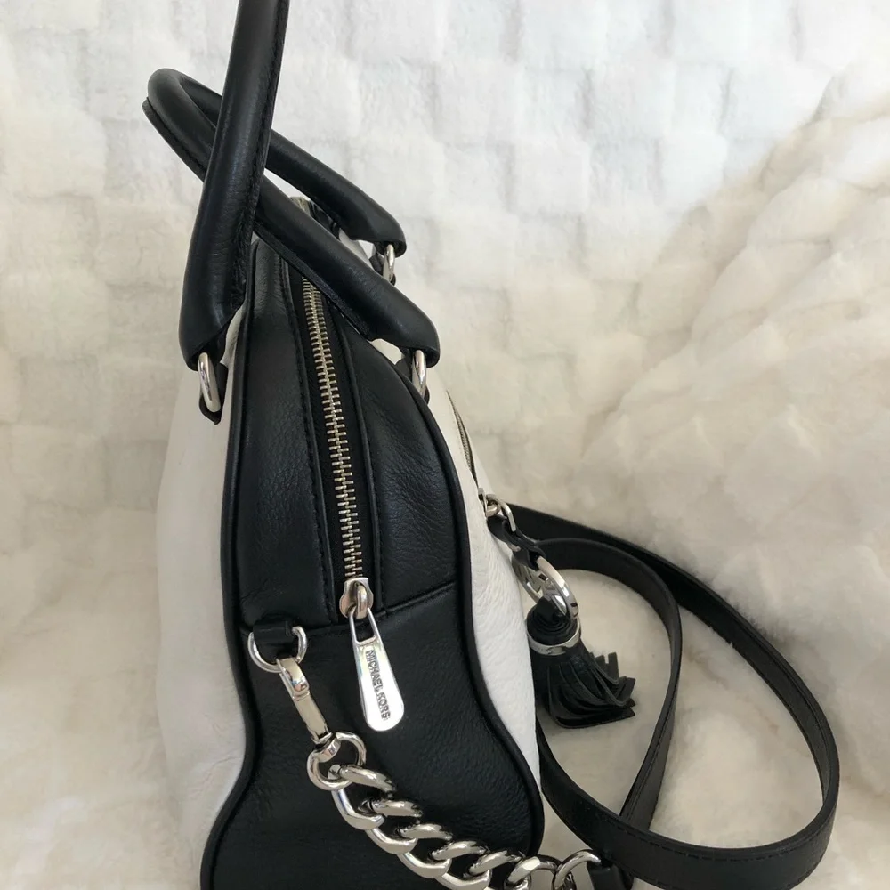 Michael Kors Black White Pebbled Leather Medium Knox Tassel Satchel. - Picture 4 of 15